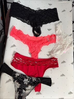 Victoria's Secret Lace & Cotton Mix Thong Set - Black, Neon Pink, White, Red
